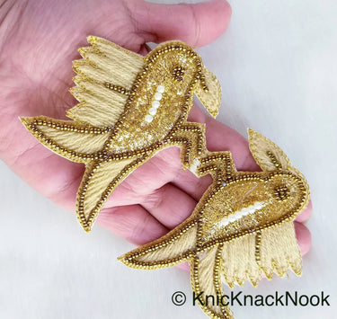 Embroidered Birds Pair Applique With Beige / Red / Blue And Antique Gold Embroidery, Gold And Pearl Beads